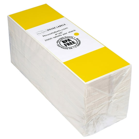 HOUSELABELS 4" x 6" Yellow Fanfold Shipping Labels Compatible With Zebra and Rollo Printers, 1 Stack / 2,000 Labels per Stack