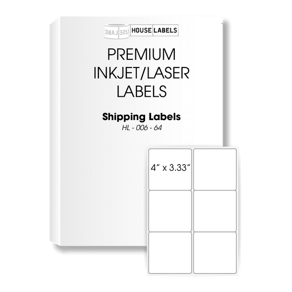 HOUSELABELS 6-up Shipping Labels (4" x 3-1/3") For Laser and Inkjet Printers, 100 Sheets