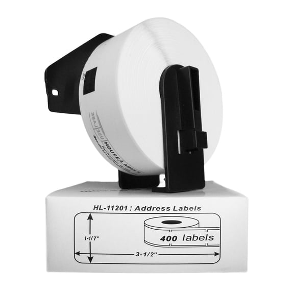 HOUSELABELS Compatible with DK-1201 Replacement Roll for Brother QL Label Printers; 400 Address Labels; 1-1/7" x 3-1/2" (29mm*90mm) with 1 REUSABLE CARTRIDGE - 100 Rolls