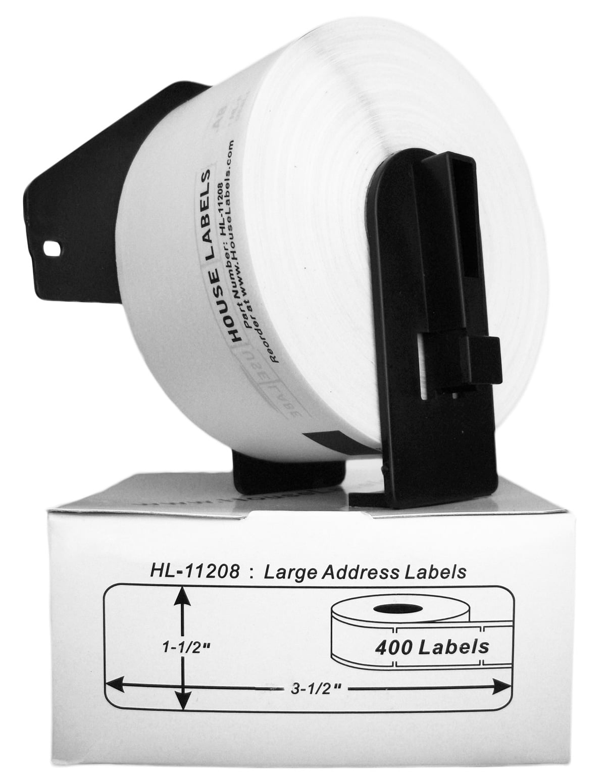 HOUSELABELS Compatible with DK-1208 Replacement Roll for Brother QL Label Printers; 400 Address Labels; 1-1/2" x 3-1/2” (38mm*90mm) with 1 REUSABLE CARTRIDGE - 6 Rolls