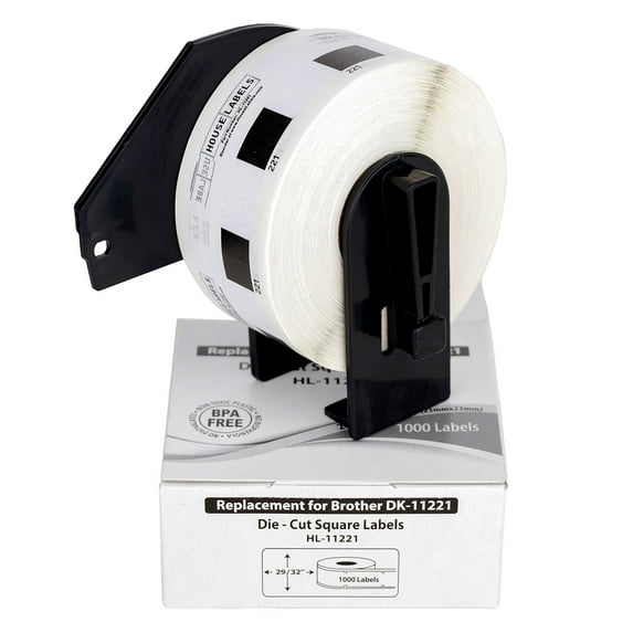 HOUSELABELS Compatible with DK-1221 Replacement Roll for Brother QL Label Printers; 1,000 Square Labels; 29/32" x 29/32" (23mm*23mm) with 1 Reusable Cartridge - 36 Rolls