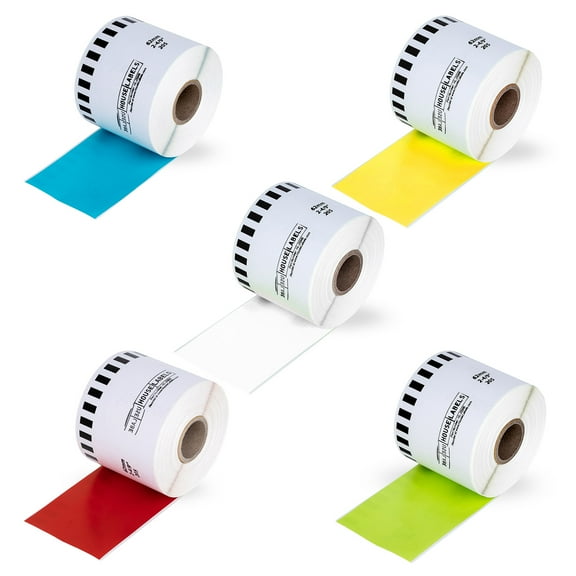 HOUSELABELS Compatible with DK-2205 Replacement Roll for Brother QL Label Printers; Blue Yellow White Red Green Continuous Length Labels; 2-4/9" x 100 feet (62mm*30.48m) - 5 Rolls