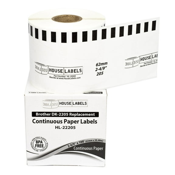 HOUSELABELS Compatible with DK-2205 Replacement Roll for Brother QL Label Printers; Continuous Length Labels; 2-4/9" x 100 feet (62mm*30.48m) - 1 Roll