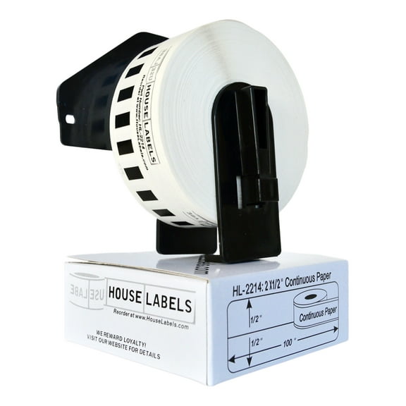 HOUSELABELS Compatible with DK-2214 Replacement Roll for Brother QL Label Printers; Continuous Length Labels; 1/2" 100 feet (12mm*30.48m) with 1 REUSABLE CARTRIDGE - 1 Roll