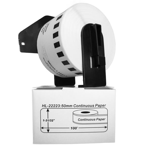 HOUSELABELS Compatible with DK-2223 Replacement Roll for Brother QL Label Printers; Continuous Length Labels; 1-31/32" x 100 feet (50mm*30.48m) with 1 REUSABLE CARTRIDGE - 4 Rolls