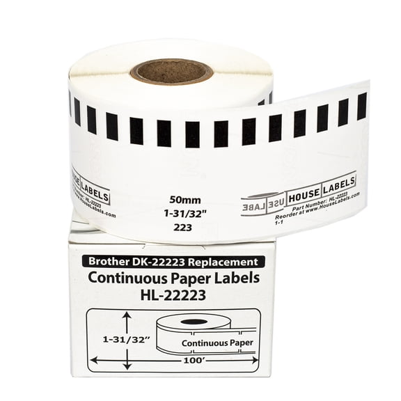 HOUSELABELS Compatible with DK-2223 Replacement Roll for Brother QL Label Printers; Continuous Length Labels; 1-31/32" x 100 feet (50mm*30.48m) - 16 Rolls