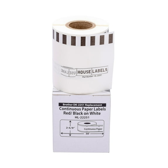 HOUSELABELS Compatible with DK-2251 Replacement Roll for Brother QL Label Printers; Continuous Length Labels; Black/Red Label on White Paper Tape; 2-4/9" x 50 feet - 20 Rolls