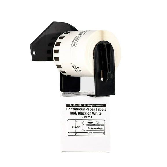 HOUSELABELS Compatible with DK-2251 Replacement Roll for Brother QL Label Printers; Continuous Length Labels; Black/Red Label on White Paper Tape; 2-4/9"x50 feet with 1 REUSABLE CARTRIDGE - 8 Rolls