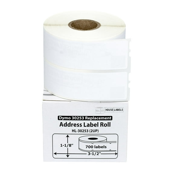 HOUSELABELS Compatible DYMO 30253 Address Labels (1-1/8" x 3-1/2"), strong permanent adhesive, compatible with DYMO LW 450, 4XL, Rollo & Zebra Desktop Printers, 1 Roll /700 Labels
