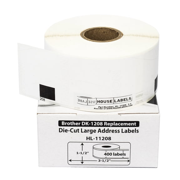 HOUSELABELS Compatible with DK-1208 Replacement Roll for Brother QL Label Printers; 400 Address Labels; 1-1/2" x 3-1/2" (38mm*90mm) - 4 Rolls