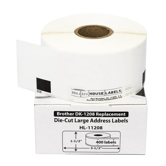 HOUSELABELS Compatible with DK-1208 Replacement Roll for Brother QL Label Printers; 400 Address Labels; 1-1/2" x 3-1/2" (38mm*90mm) - 8 Rolls