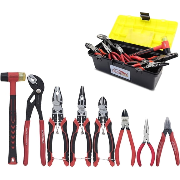 HOUSERAN 8-Piece Tool Set with Case, 10”Groove Joint, Long Nose, Diagonal, Flush Cutter & Mallet