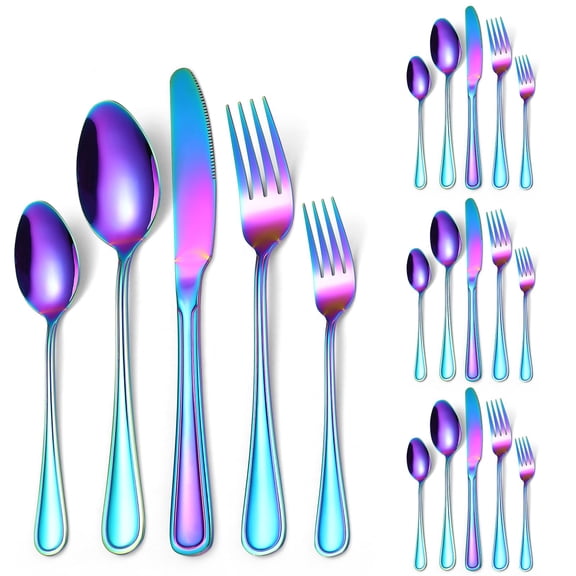 A HOUSEWARE Colorful Forks Spoons Knives Silverware Rainbow Flatware Set for 4 Kitchen 20 Pieces Stainless Steel Cutlery Modern Eating Utensils Double Line Edges Handle Y101