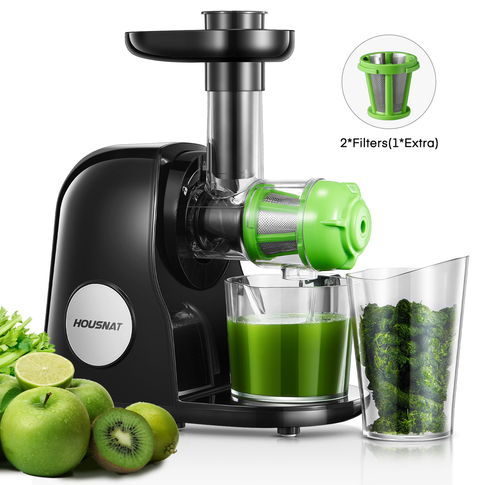 HOUSNAT Juicer Machines, Slow Masticating Juicer with Higher Juice Yield  and Drier Pulp for Vegetables and Fruits- Easy to Use and Clean | 150-Watt  | Quiet Motor & Reverse Function | BPA-Free -