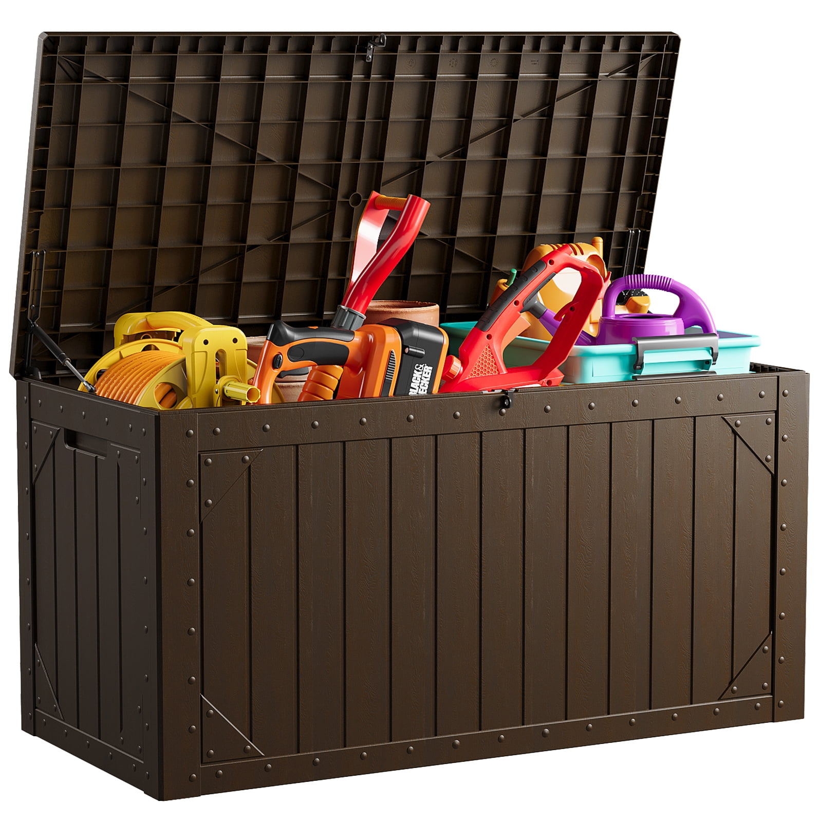 HaiCube 100 Gallon Lockable Resin Deck Box,Waterproof UV Resistant Outdoor Storage Bin with Lid for Patio,Garden & Pool Accessories,Brown
