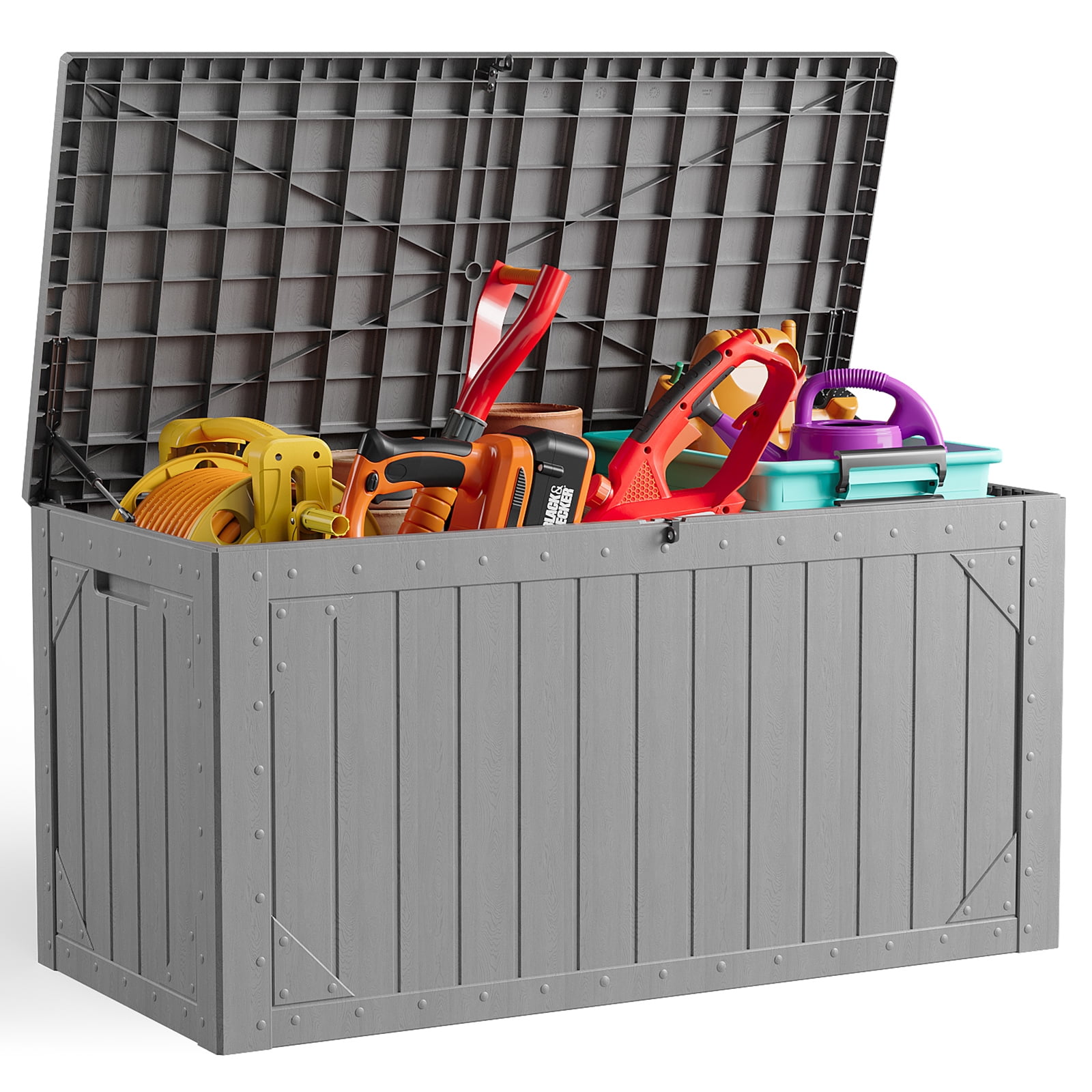 HaiCube 100 Gallon Lockable Resin Deck Box,Waterproof UV Resistant Outdoor Storage Bin with Lid for Patio,Garden & Pool Accessories,Gray