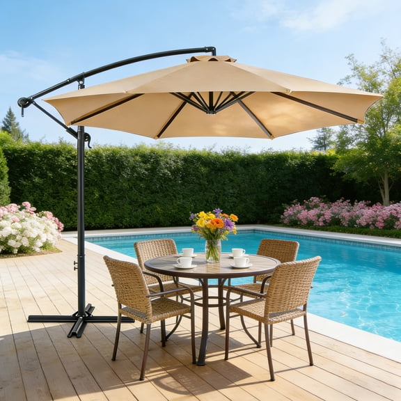 HOUSNIFLEX 10Ft Offset Cantilever Patio Umbrella with 360° Rotation, Infinite Tilt & Crank Handle, for Garden, Lawn, Backyard, Poolside and Deck, Khaki