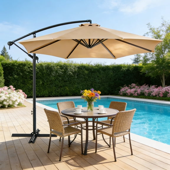 HaiCube 10Ft Offset Cantilever Patio Umbrella with 360° Rotation, Infinite Tilt & Crank Handle, for Garden, Lawn, Backyard, Poolside and Deck, Khaki