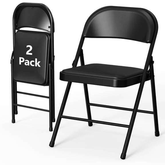 HOUSNIFLEX 2-Pack PU Leather Padded Folding Chair, Heavy Duty Portable Folding Chair with Metal Frame, No Assembly Indoor Outdoor Chair, Black