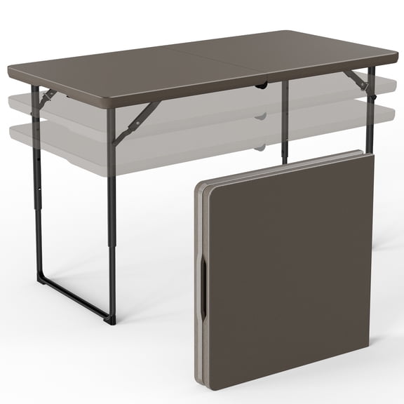 HOUSNIFLEX 4FT Folding Camping Table, Adjustable Height 23–29in, Heavy Duty Portable Table, Waterproof HDPE, Fold-in-Half for Picnic & Indoor, Khaki