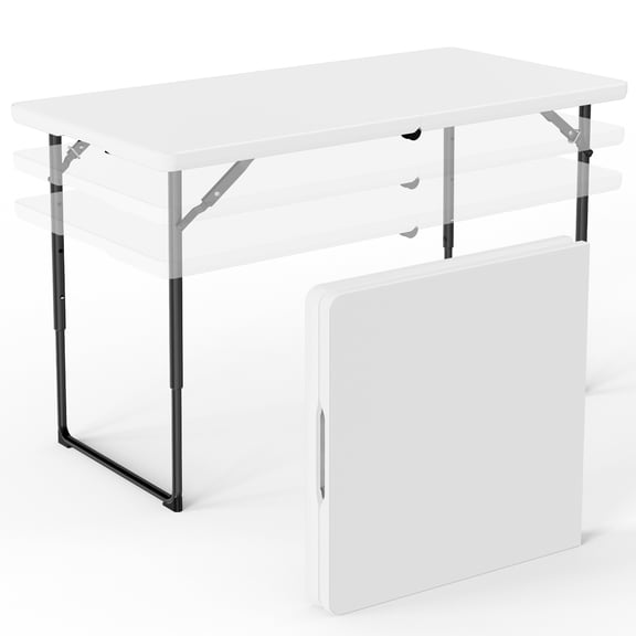 HOUSNIFLEX 4FT Folding Table, Adjustable Height 23–29in, Heavy Duty Portable Table, Waterproof HDPE, Fold-in-Half for Picnic & Indoor, White