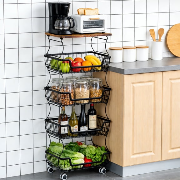 HaiCube 5-Tier Metal Wire Rolling Cart with Wheels, Stackable Storage Organizer Cart with Top Shelf for Pantry, Kitchen Fruit Snack Book Storage Rack