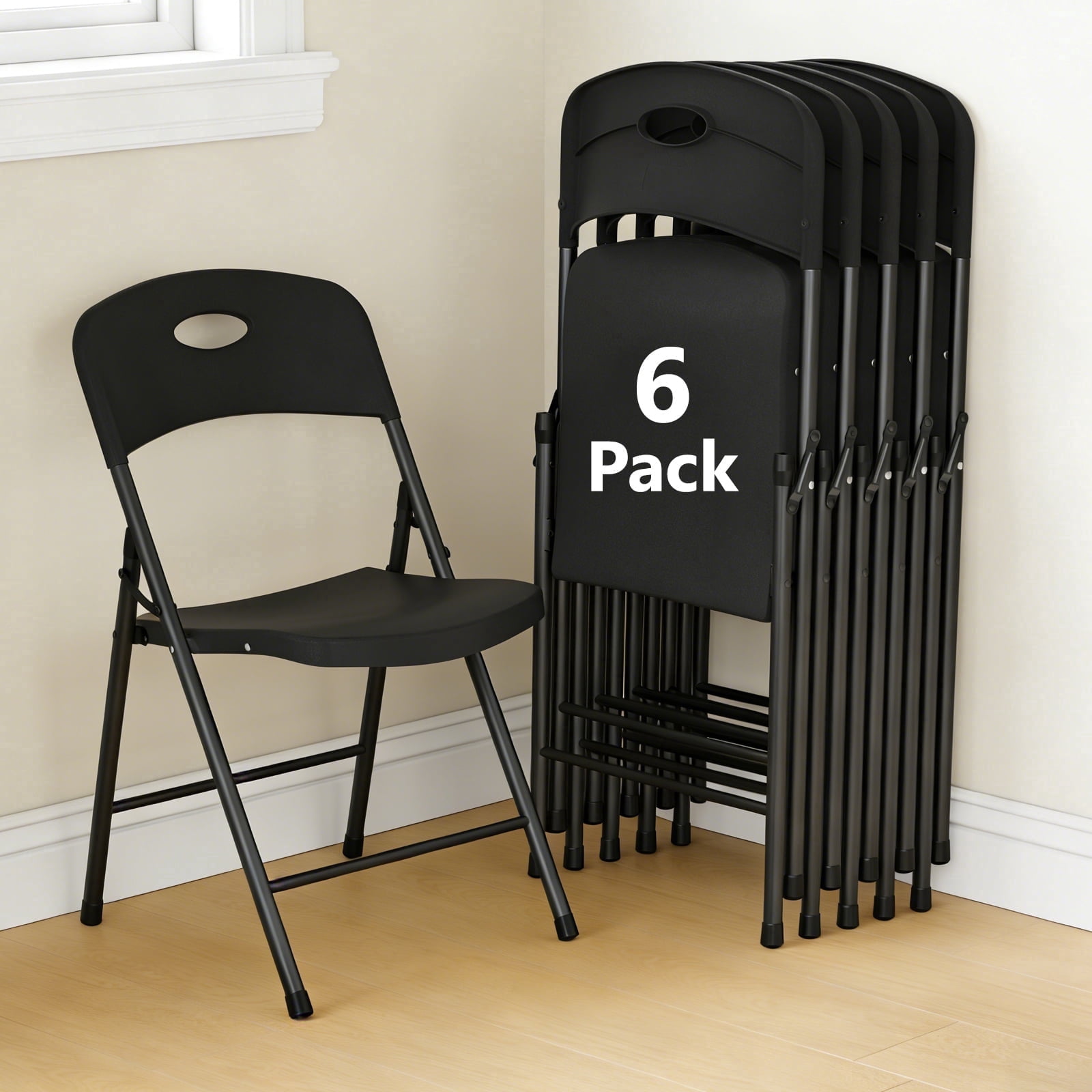 HaiCube 6 Pack Portable Plastic Folding Chair with Back Support, Heavy Duty Steel Frame, Indoor Outdoor for Party Wedding Office Patio, Black