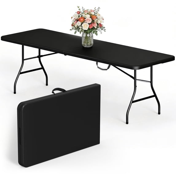 HaiCube 8 Foot Plastic Folding Table Portable Heavy Duty Rectangular Table with Carry Handle, Indoor Outdoor for Camping Picnic Party Dining, Black