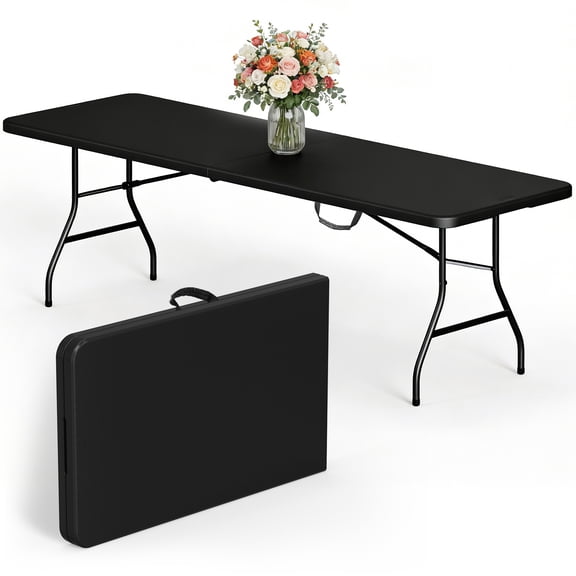 HOUSNIFLEX 8 Foot Plastic Folding Table Portable Heavy Duty Rectangular Table with Carry Handle, Indoor Outdoor for Camping Picnic Party Dining, Black