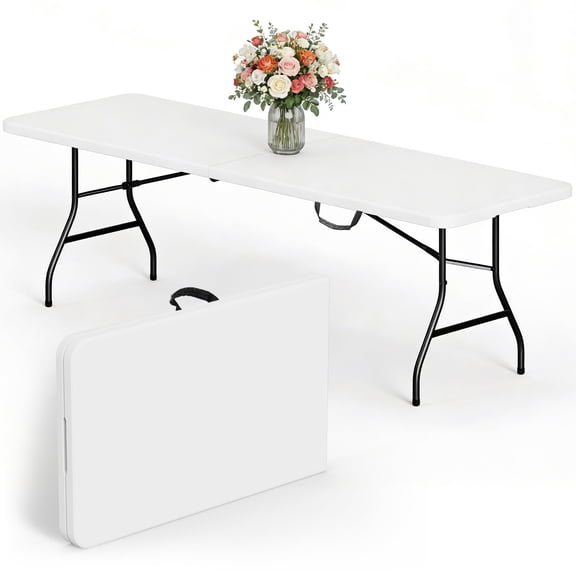 HOUSNIFLEX 8 Foot Plastic Folding Table Portable Heavy Duty Rectangular Table with Carry Handle, Indoor Outdoor for Camping Picnic Party Dining, White