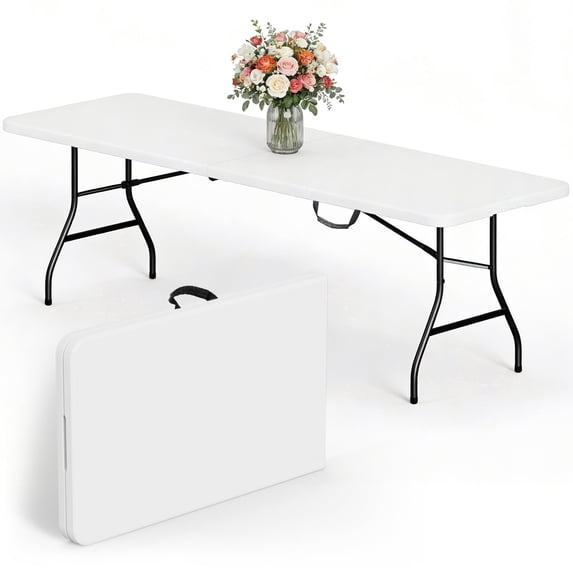 HaiCube 8 Foot Plastic Folding Table Portable Heavy Duty Rectangular Table with Carry Handle, Indoor Outdoor for Camping Picnic Party Dining, White