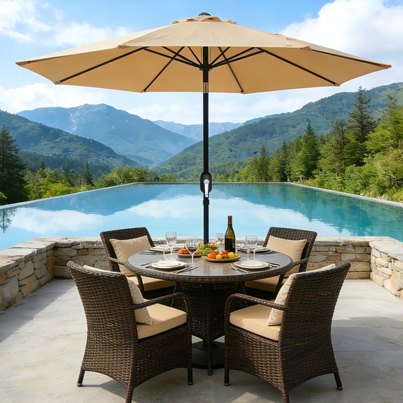 HOUSNIFLEX 9FT Outdoor Patio Umbrella with Push Button Tilt & Crank, 8 Sturdy Ribs, UV Protection Waterproof, for Garden Deck Backyard Pool, Khaki