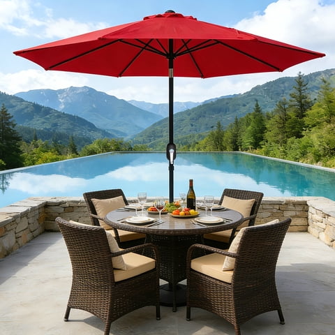 HaiCube 9FT Patio Umbrella -Acrylic Fabric, 10-Year Fade-Resistant, 1.5" Heavy Duty Steel Pole, 8 Ribs, Push Button Tilt & Crank, UV Block for Garden Deck Pool, Red