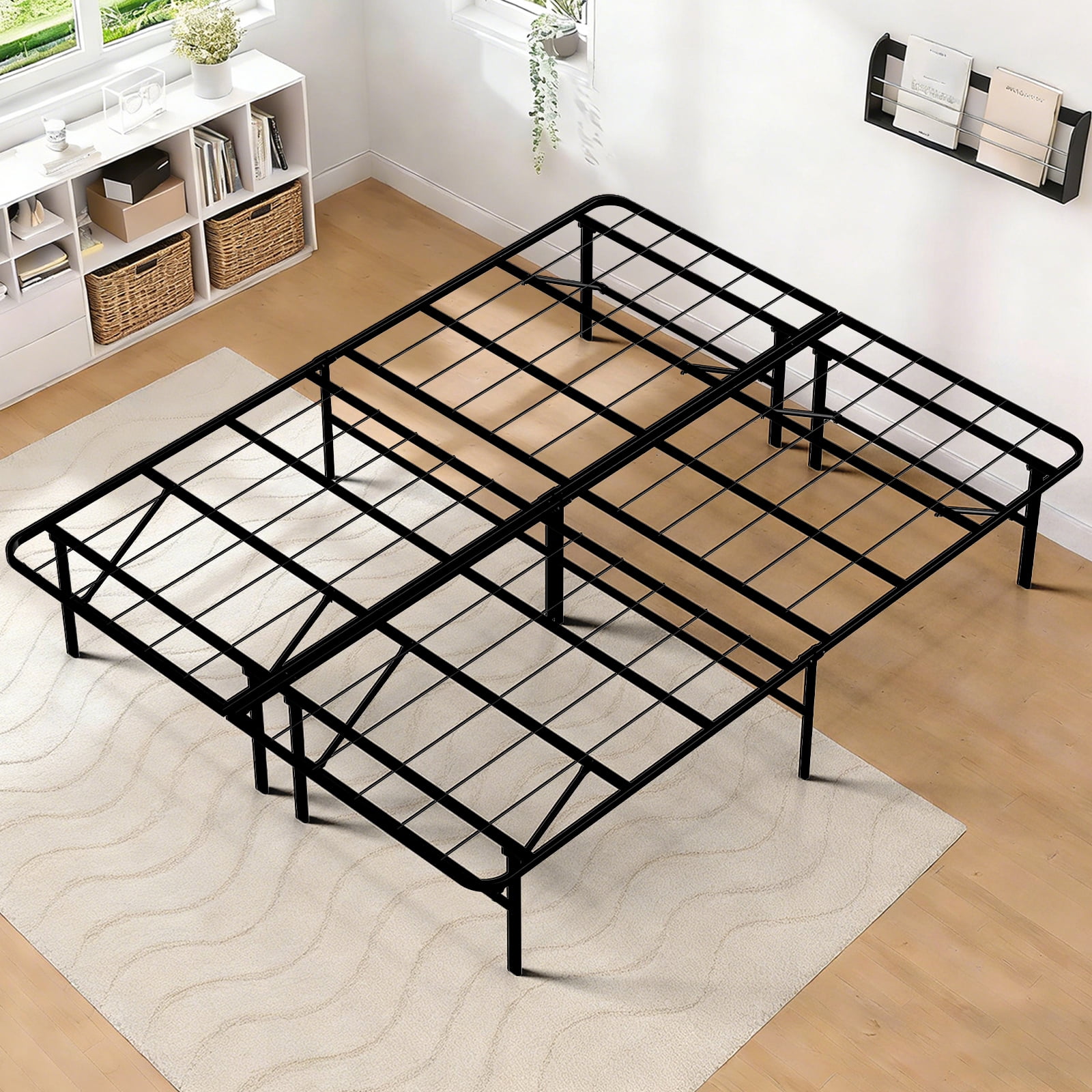 HaiCube Heavy Duty Foldable Metal Queen Size Bed Frame, No Assembly Steel Platform with Rounded Corners, 14 Inch High, Easy Storage, Black