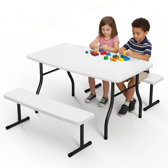 HOUSNIFLEX Small Picnic Table with 2 Benches, HDPE Picnic Table Set with Reinforced Steel Frame, Heavy Duty Plastic Tabletop for Patio, Camping & Party