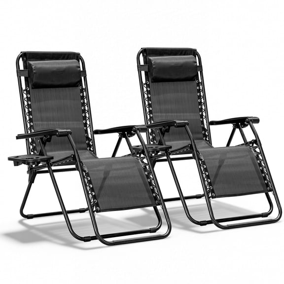 HOUSNIFLEX Zero Gravity Chair Set of 2, Adjustable Reclining Outdoor Lounge Chairs with Cup Holder Tray & Headrest, Portable Folding Patio Chairs for Camping, Pool, Backyard, Black