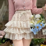 HOUZHOU Kawaii Cute Ruffle Skirt Women Pink Lolita High Waist Lace Patchwork Fairycore Mesh A-line Mini Skirt Summer Mori Girl