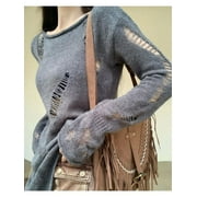HOUZHOU Kpop Grunge Hollow Out Gray Sweater Women Harajuku Solid Split Distressed Knit Jumper Spring Long Sleeve Tops Pullover