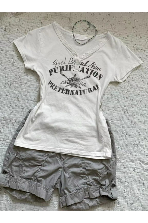 HOUZHOU Vintage Graphic V-neck T-shirts Women Y2k White Grunge Short Sleeve T-shirt Harajuku 2000s American Retro Street Tees