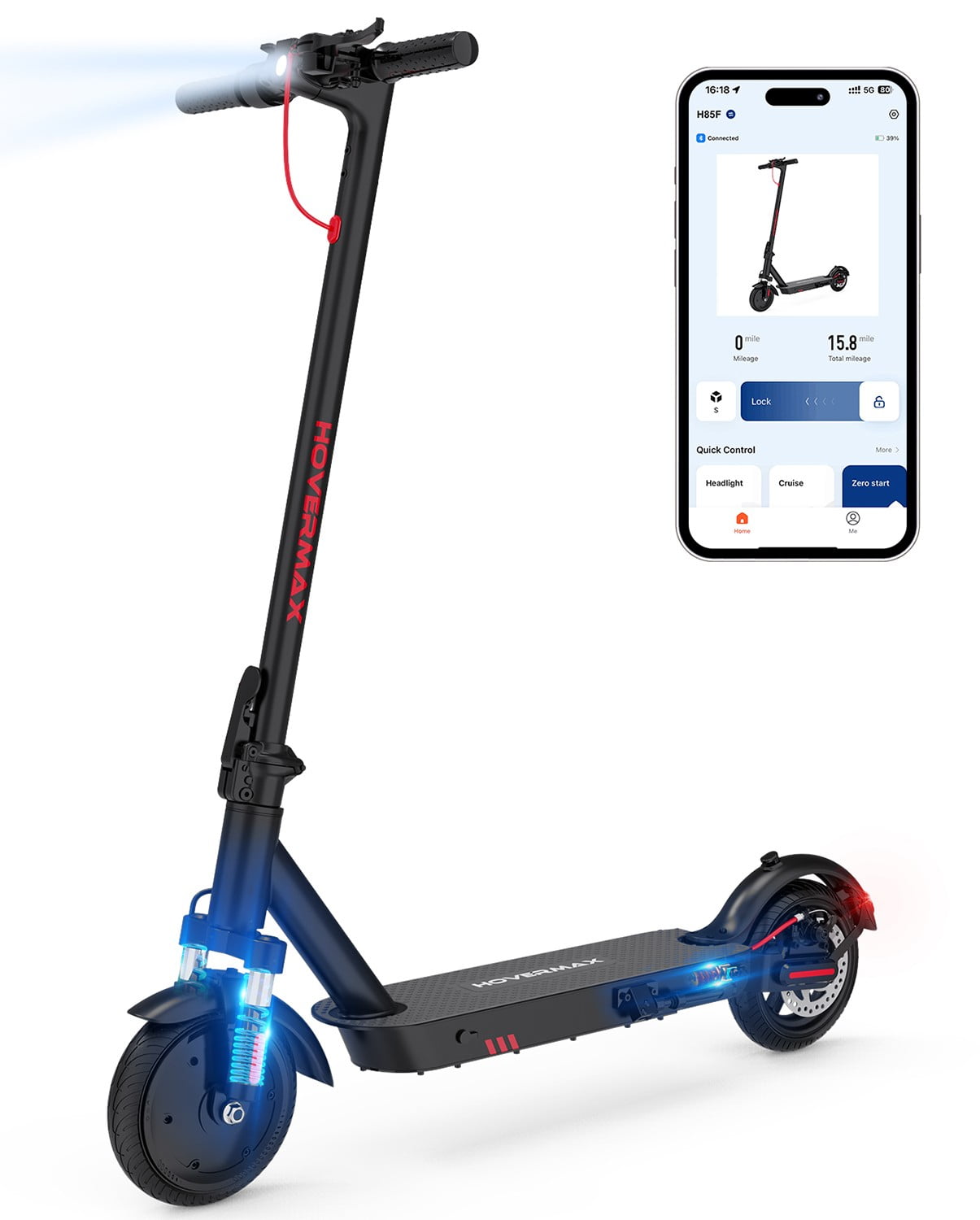 HOVERMAX Electric Scooter for Adults, Dual Suspension, 350W Motor, 18.6 MPH & 19 Miles Range, 8.5'' Solid Tires, Foldable Design, APP Control