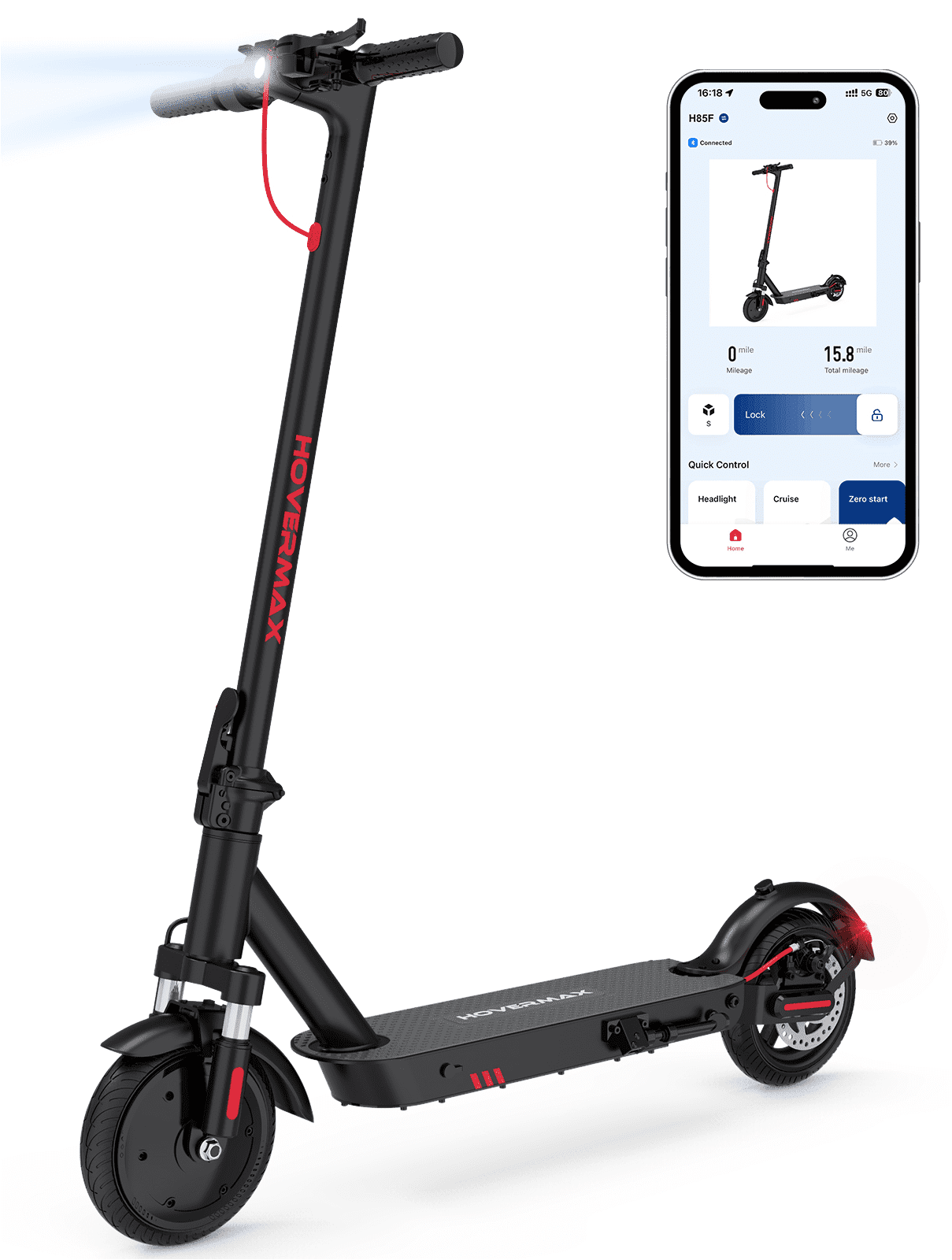 HOVERMAX Electric Scooter 350W Motor Up to 18.6 MPH & 19 Miles, 8.5'' Solid Tires Adults Electric Scooter with APP Control, Foldable and Commute