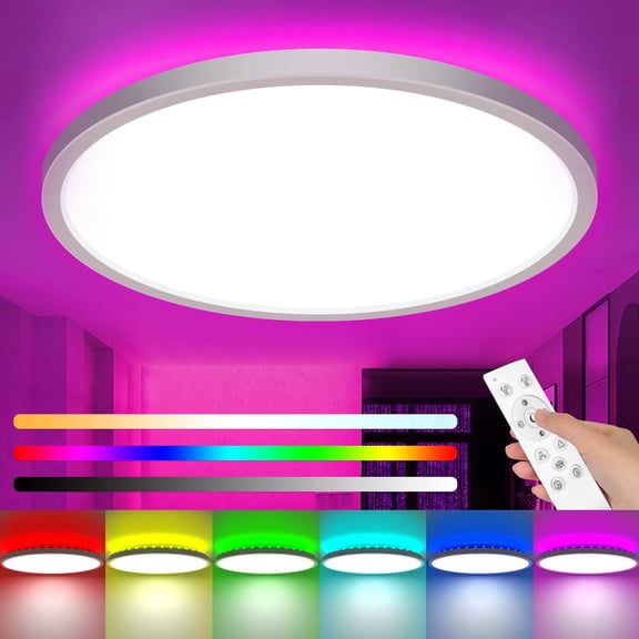 12 Inch RGB Ceiling Light with Remote, 24W 2400LM 3000K-6500K Color Changeable, Dimmable LED Light Fixture Flush Mount with 7 RGB Backlights for Kids Gaming Room Bathroom, White