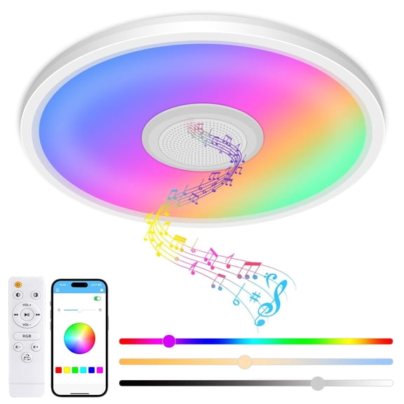 12 inch RGB Ceiling Light with Bluetooth Speaker, 24W 2400LM Dimmable Smart LED Lighting Fixture with Remote/APP Control, Color Changing Music Sync for Bathroom Bedroom Living Room, White