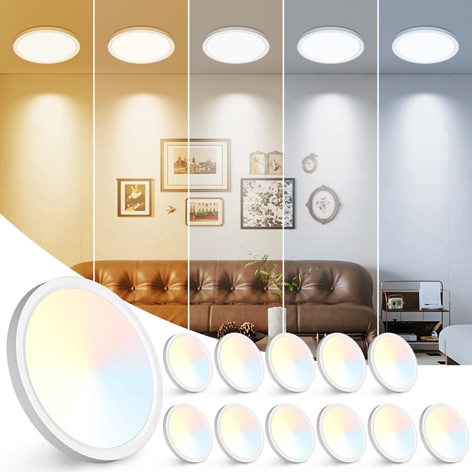 HOVMAP 12PACK Flush Mount LED Ceiling Light Fixtures 5CCT 100W Equivalent Flat Bathroom Ceiling Light,7Inch 15W Thin Round White Surface Flushmount Fixture for Closet,Bedroom,Kitchen