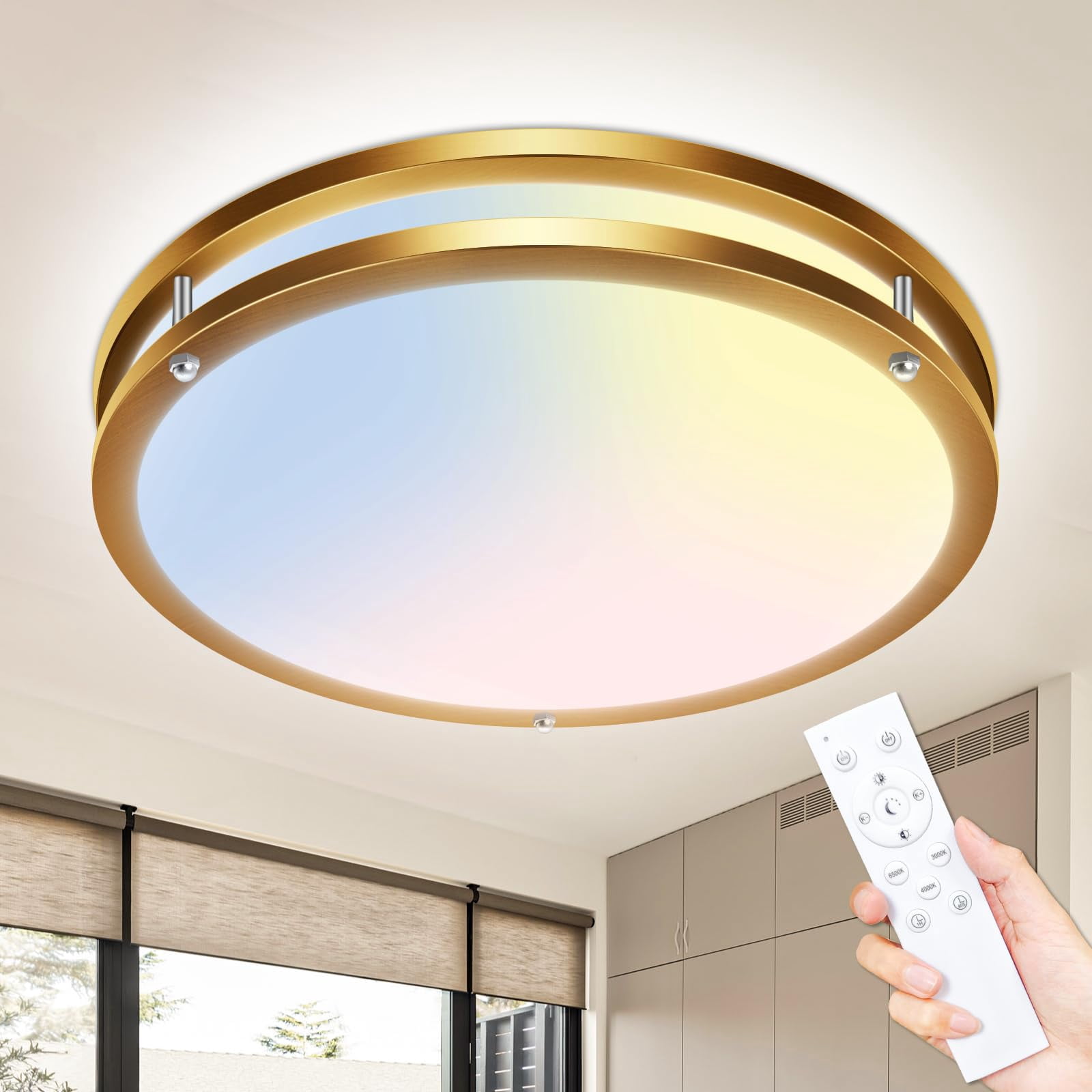 HOVMAP 13 Inch Gold Ceiling Light with Remote, Dimmable 24W 2160LM 5CCT Selectable 3000K-6500K, Bright LED Flush Mount Lighting Fixture with Timer for Bedroom Kitchen Closet, Gold