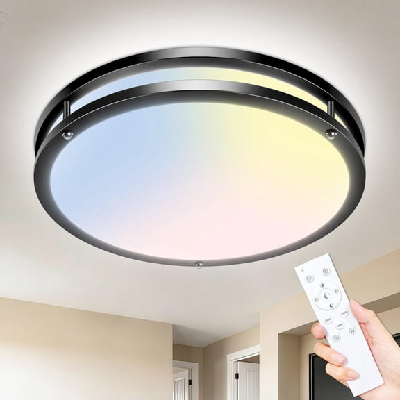 HOVMAP 13 Inch LED Ceiling Light with Remote for Bedroom Kitchen, 24W 2160LM Super Bright Dimmable Flush Mount Light Fixture, 2700K-6500K Adjustable Modern Lamps with Timer, Black