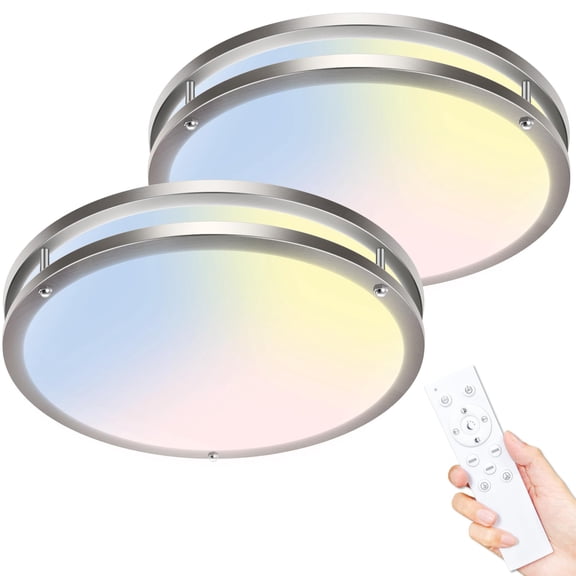 HOVMAP 2-Pack 13 Inch Flush Mount Ceiling Light with Remote, 24W 2160LM Dimmable 3000K-6500K, LED Lighting Fixture with Nightlight and Timer for Bedroom Kitchen Hallway, Brushed Nickel