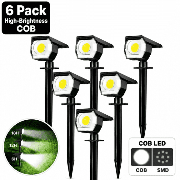 HOVMAP COB LED Solar Spot Lights 1500mAh Outdoor Landscape, 6Pc White light