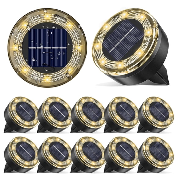 HOVMAP Low Profile Solar Ground Lights Flush with Ground Mower Safe 8 LEDs Auto On Off IP65 Waterproof 12 Pack for Lawn Pathway, 12Pc 2" Warm light