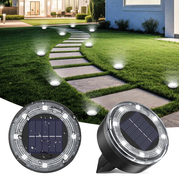 HOVMAP Solar Disc Lights Outdoor 8 LEDs Low Profile No Tripping IP65 Rust Free Plastic 2 Pack for Walkway Borders Driveway Edges Garden Beds, 2Pc 2" White light